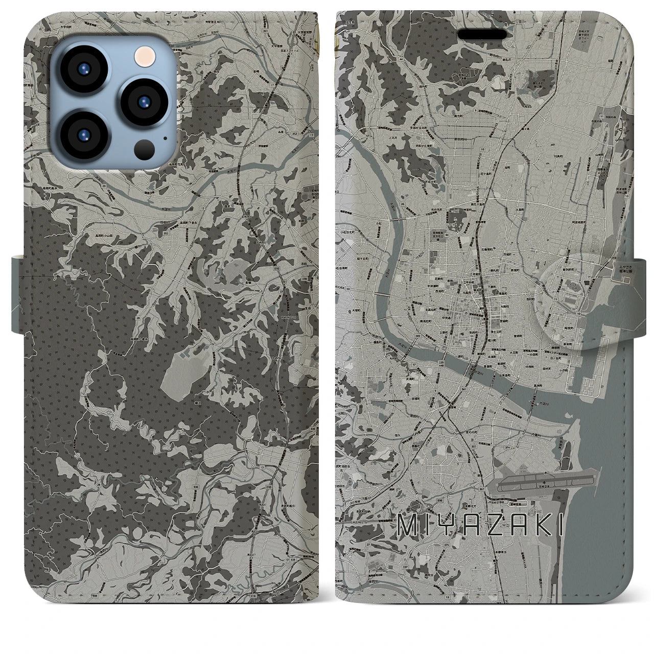 【宮崎2(宮崎県)】地図柄iPhoneケース(手帳タイプ)モノトーン・iPhone 13 Pro Max 用