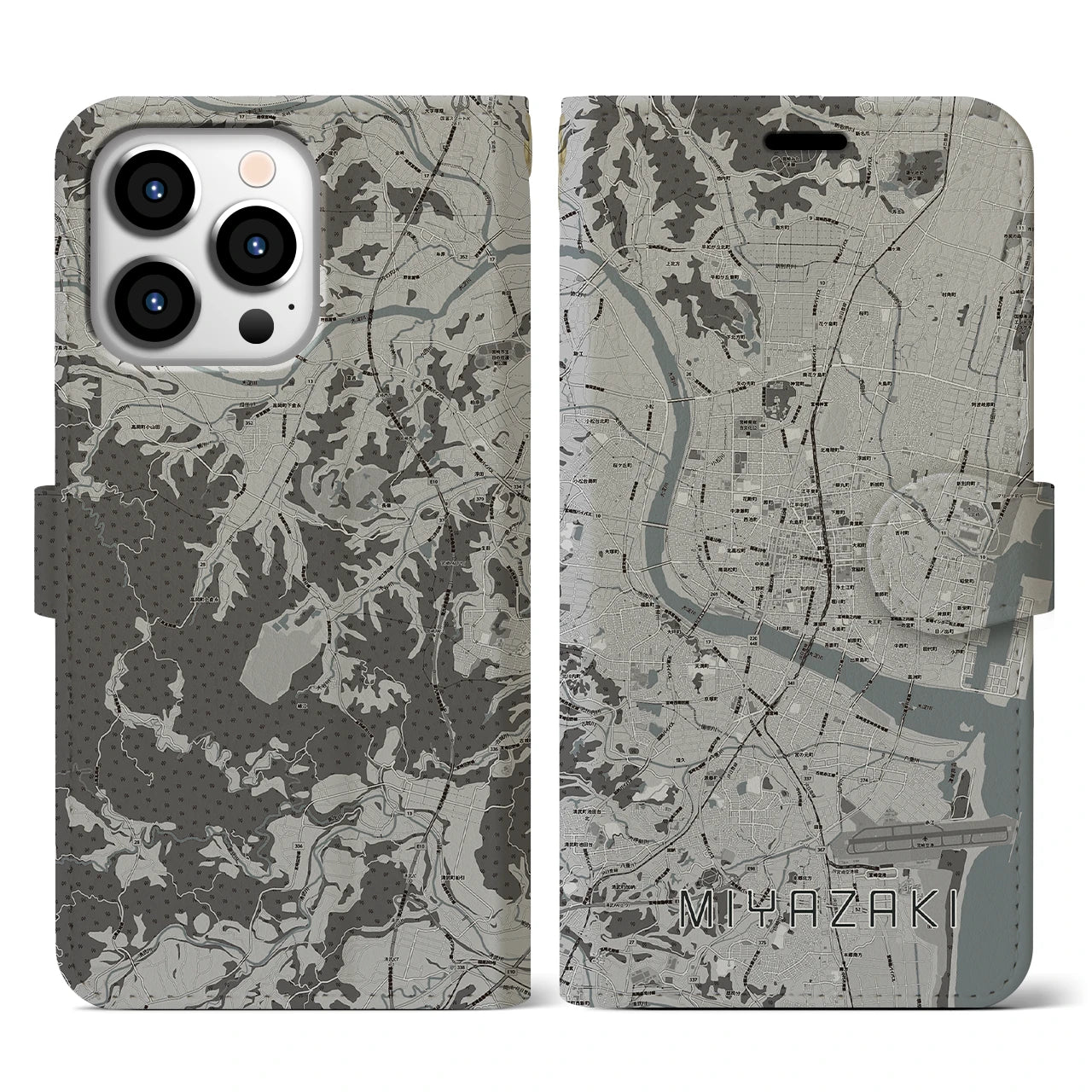 【宮崎2(宮崎県)】地図柄iPhoneケース(手帳タイプ)モノトーン・iPhone 13 Pro 用