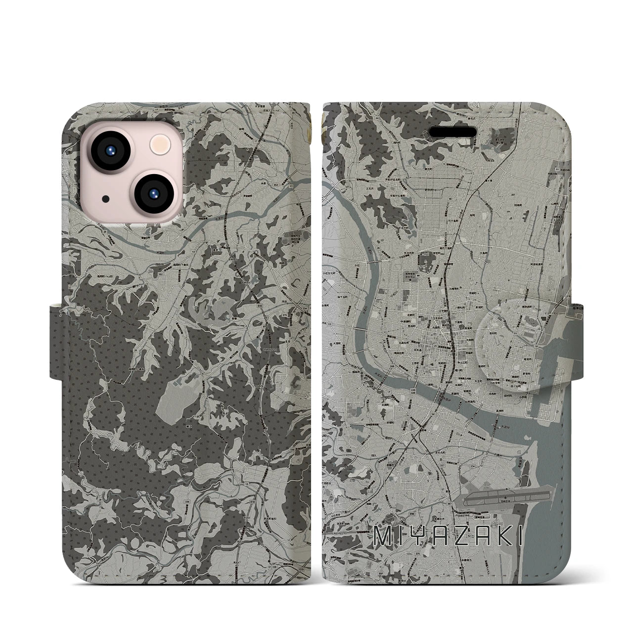 【宮崎2(宮崎県)】地図柄iPhoneケース(手帳タイプ)モノトーン・iPhone 13 mini 用
