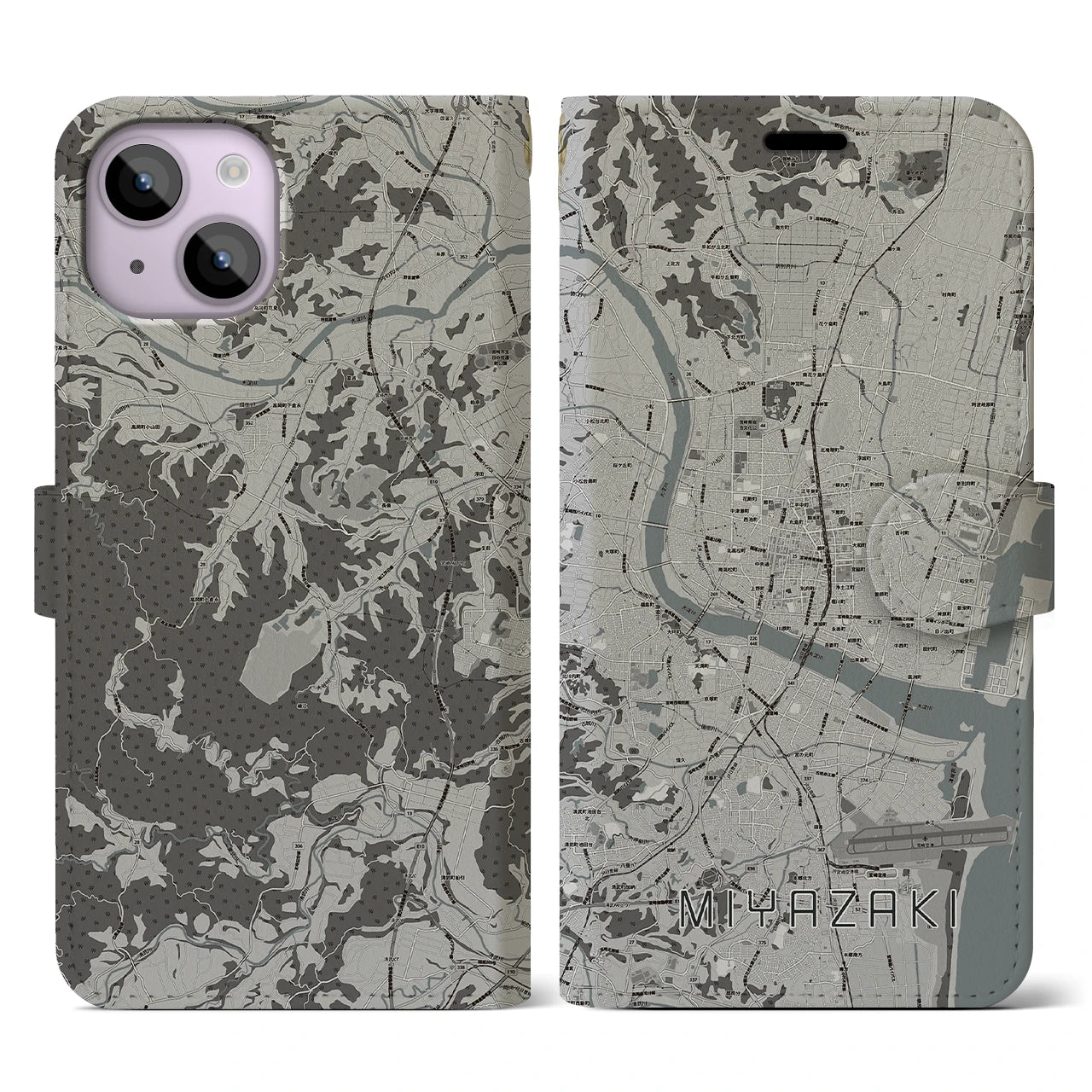 【宮崎2(宮崎県)】地図柄iPhoneケース(手帳タイプ)モノトーン・iPhone 14 用