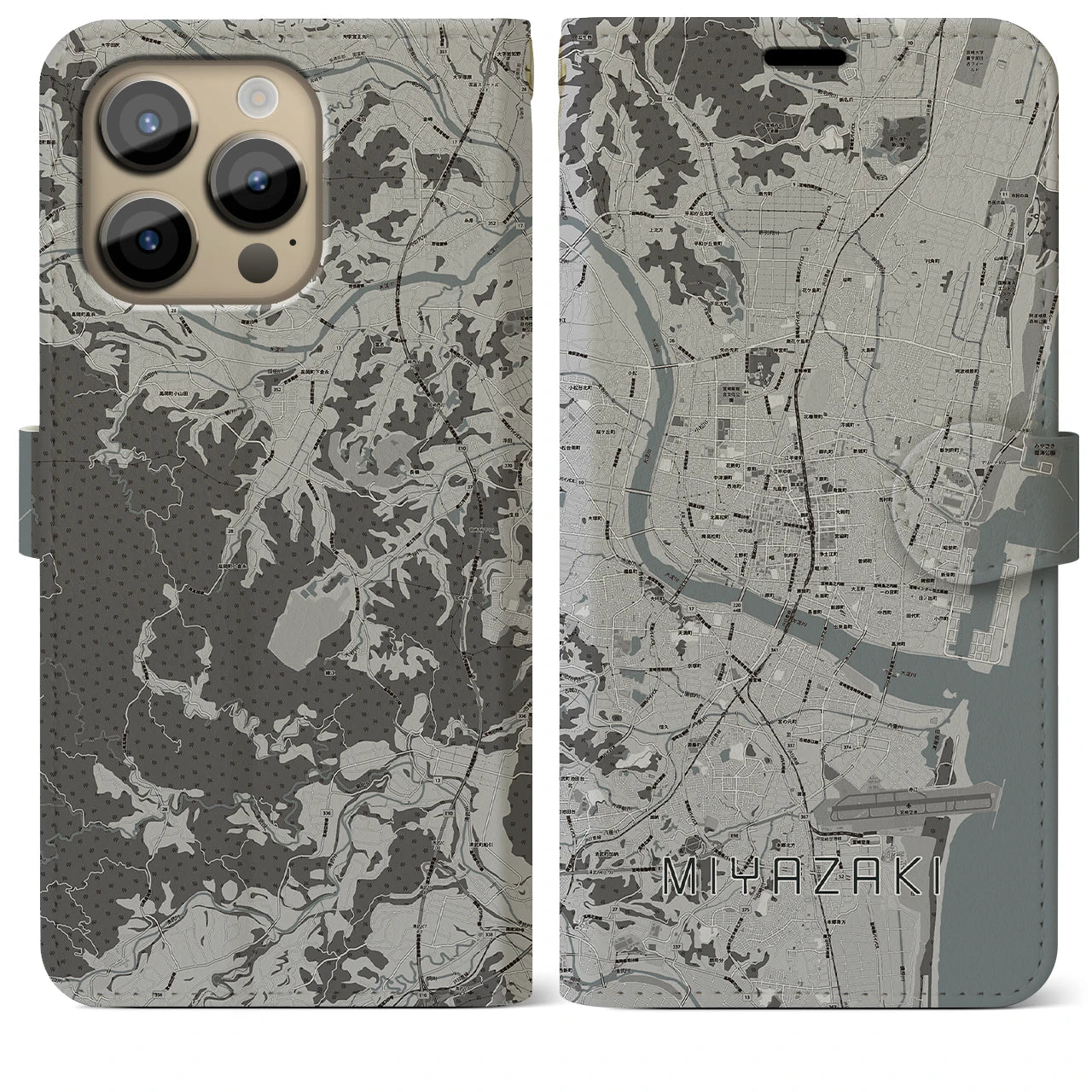 【宮崎2(宮崎県)】地図柄iPhoneケース(手帳タイプ)モノトーン・iPhone 14 Pro Max 用