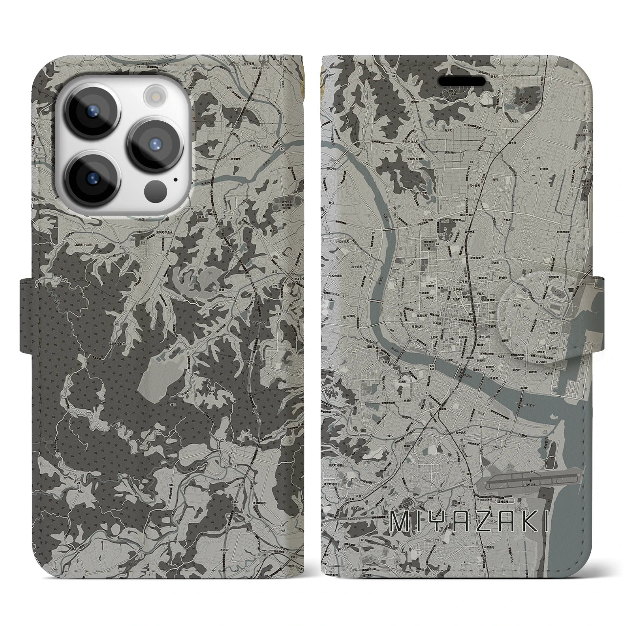 【宮崎2(宮崎県)】地図柄iPhoneケース(手帳タイプ)モノトーン・iPhone 14 Pro 用
