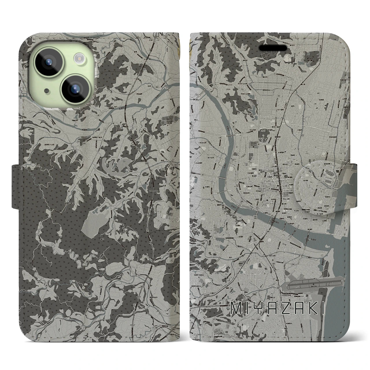 【宮崎2(宮崎県)】地図柄iPhoneケース(手帳タイプ)モノトーン・iPhone 15 用