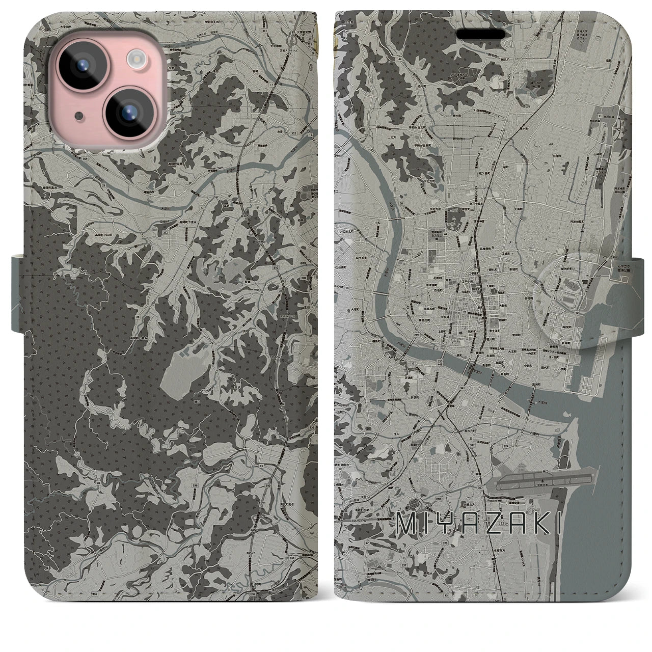 【宮崎2(宮崎県)】地図柄iPhoneケース(手帳タイプ)モノトーン・iPhone 15 Plus 用