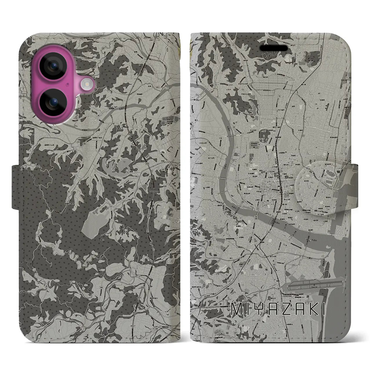 【宮崎2(宮崎県)】地図柄iPhoneケース(手帳タイプ)モノトーン・iPhone 16 Pro 用