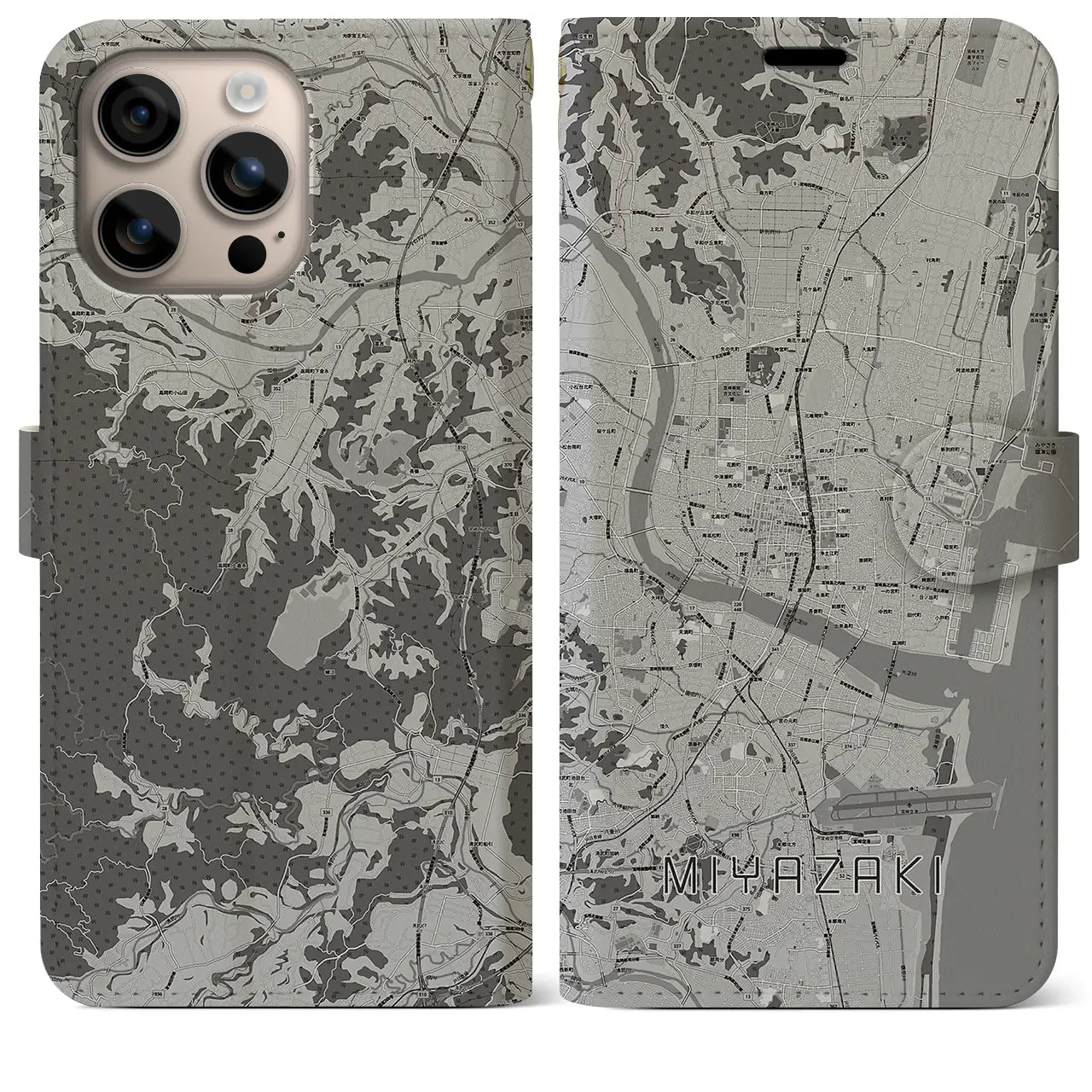 【宮崎2(宮崎県)】地図柄iPhoneケース(手帳タイプ)モノトーン・iPhone 16 Plus 用
