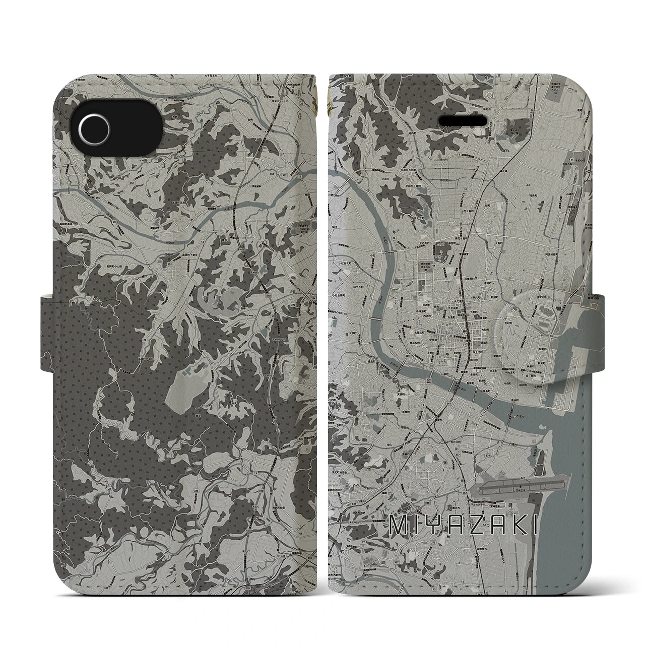 【宮崎2(宮崎県)】地図柄iPhoneケース(手帳タイプ)モノトーン・iPhone SE(第3 / 第2世代) / 8 / 7 / 6s / 6 用