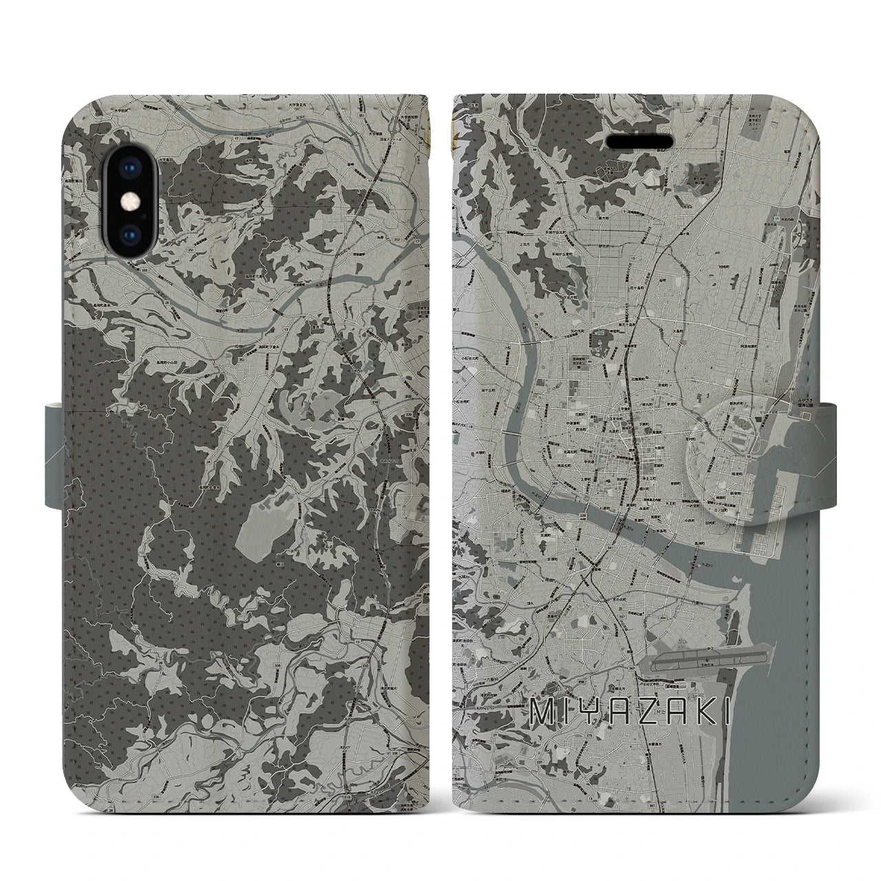 【宮崎2(宮崎県)】地図柄iPhoneケース(手帳タイプ)モノトーン・iPhone XS / X 用