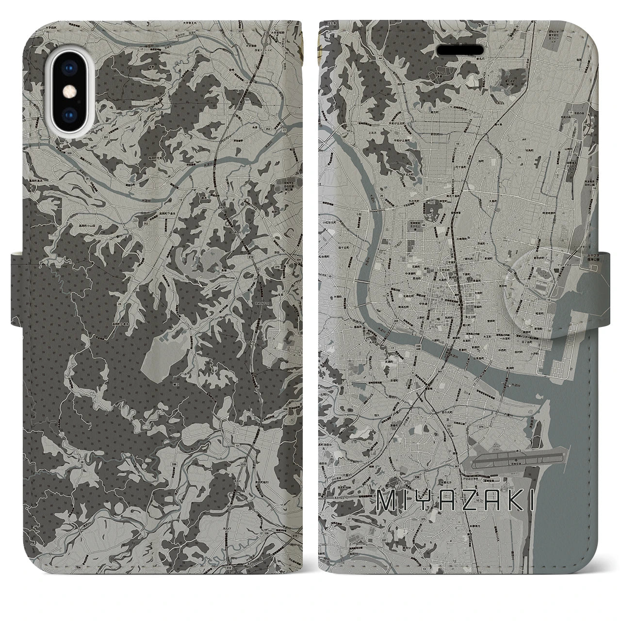 【宮崎2(宮崎県)】地図柄iPhoneケース(手帳タイプ)モノトーン・iPhone XS Max 用