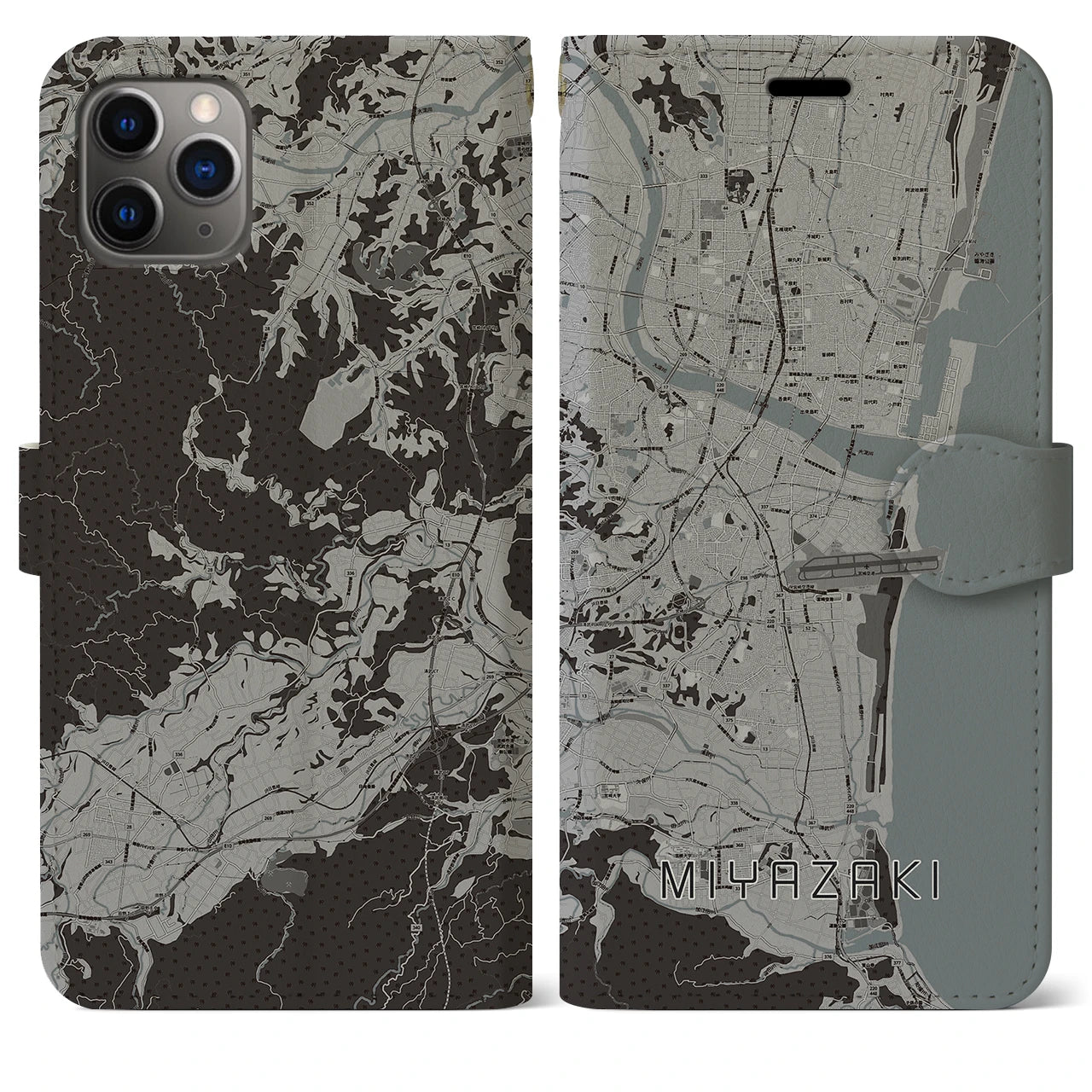 【宮崎(宮崎県)】地図柄iPhoneケース(手帳タイプ)モノトーン・iPhone 11 Pro Max 用