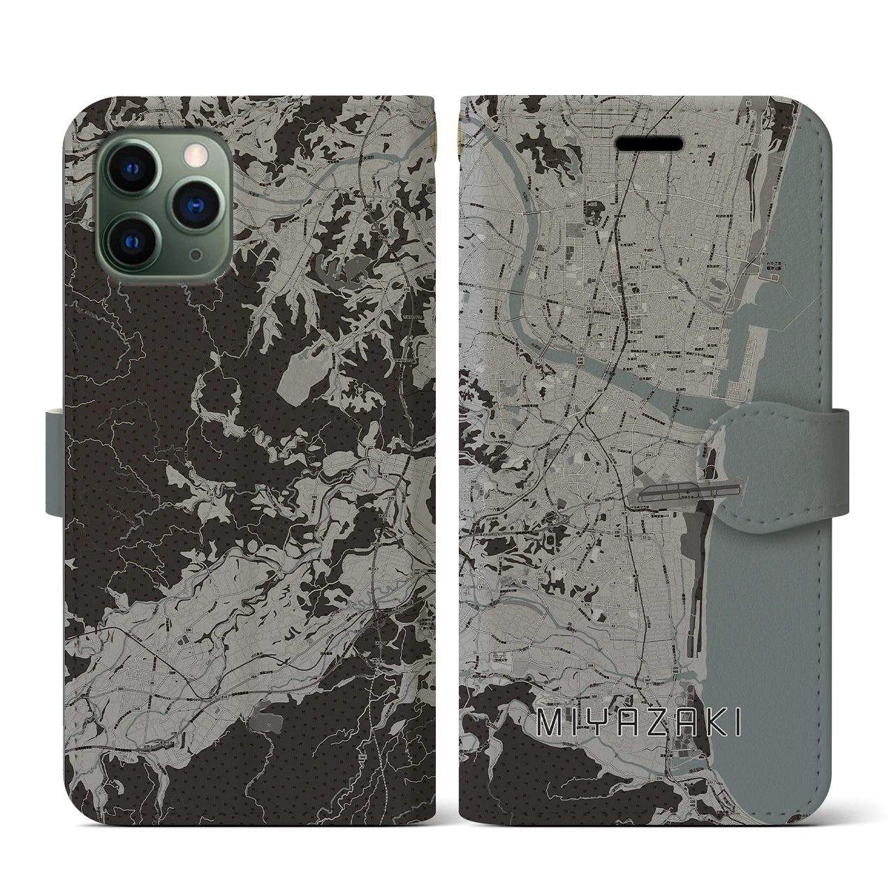 【宮崎(宮崎県)】地図柄iPhoneケース(手帳タイプ)モノトーン・iPhone 11 Pro 用