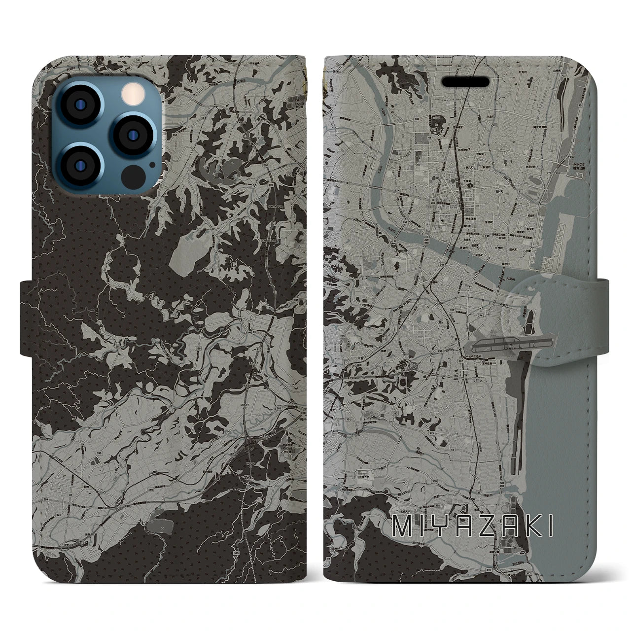 【宮崎(宮崎県)】地図柄iPhoneケース(手帳タイプ)モノトーン・iPhone 12 / 12 Pro 用