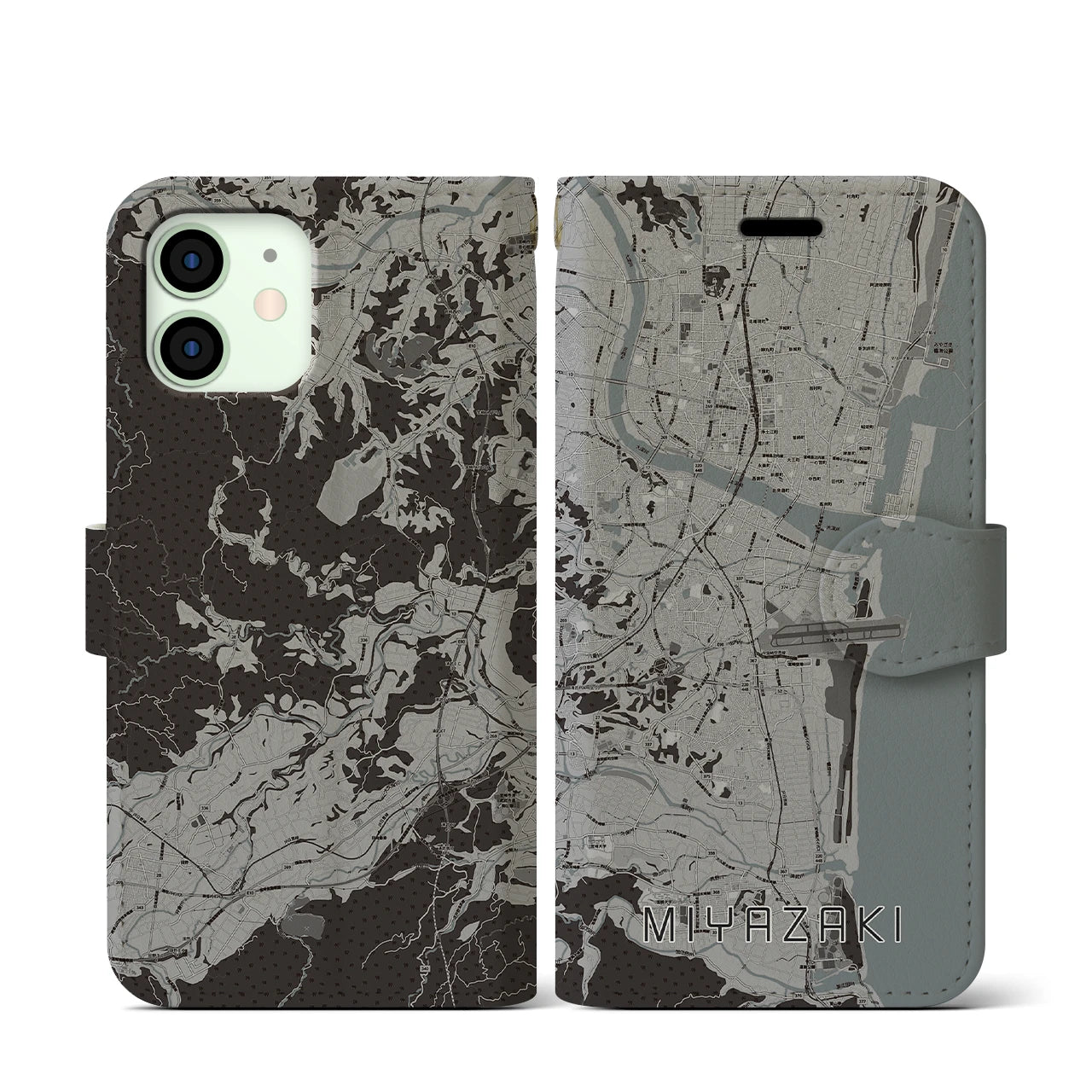 【宮崎(宮崎県)】地図柄iPhoneケース(手帳タイプ)モノトーン・iPhone 12 mini 用