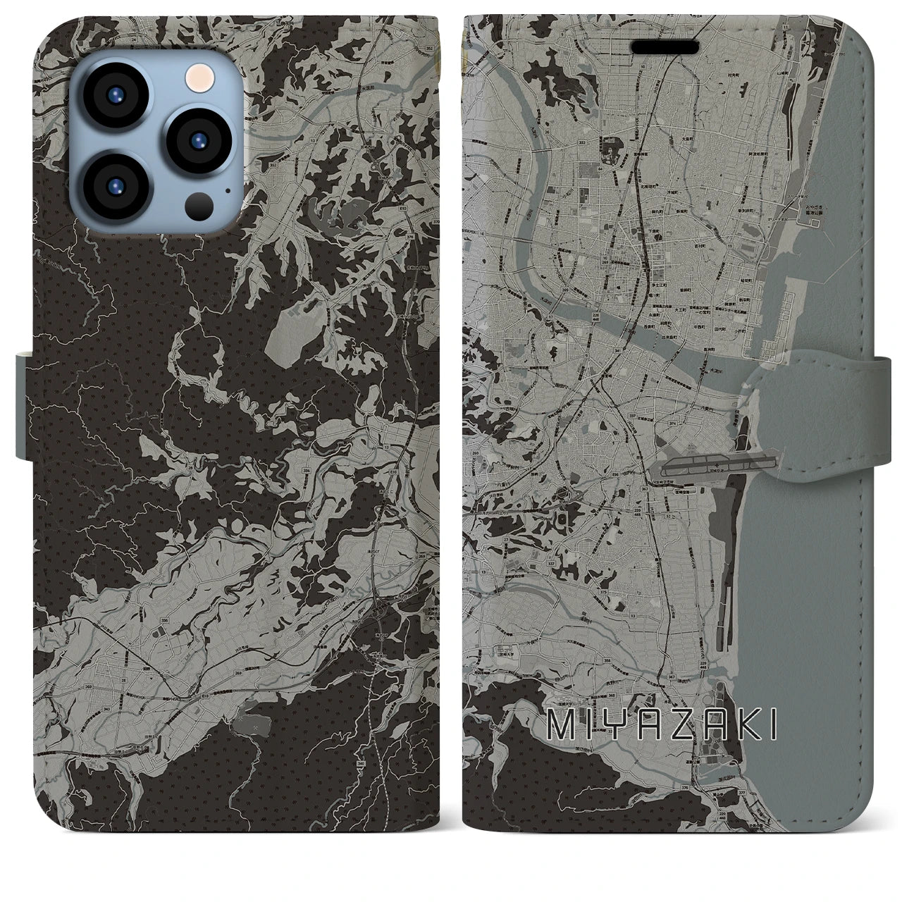 【宮崎(宮崎県)】地図柄iPhoneケース(手帳タイプ)モノトーン・iPhone 13 Pro Max 用