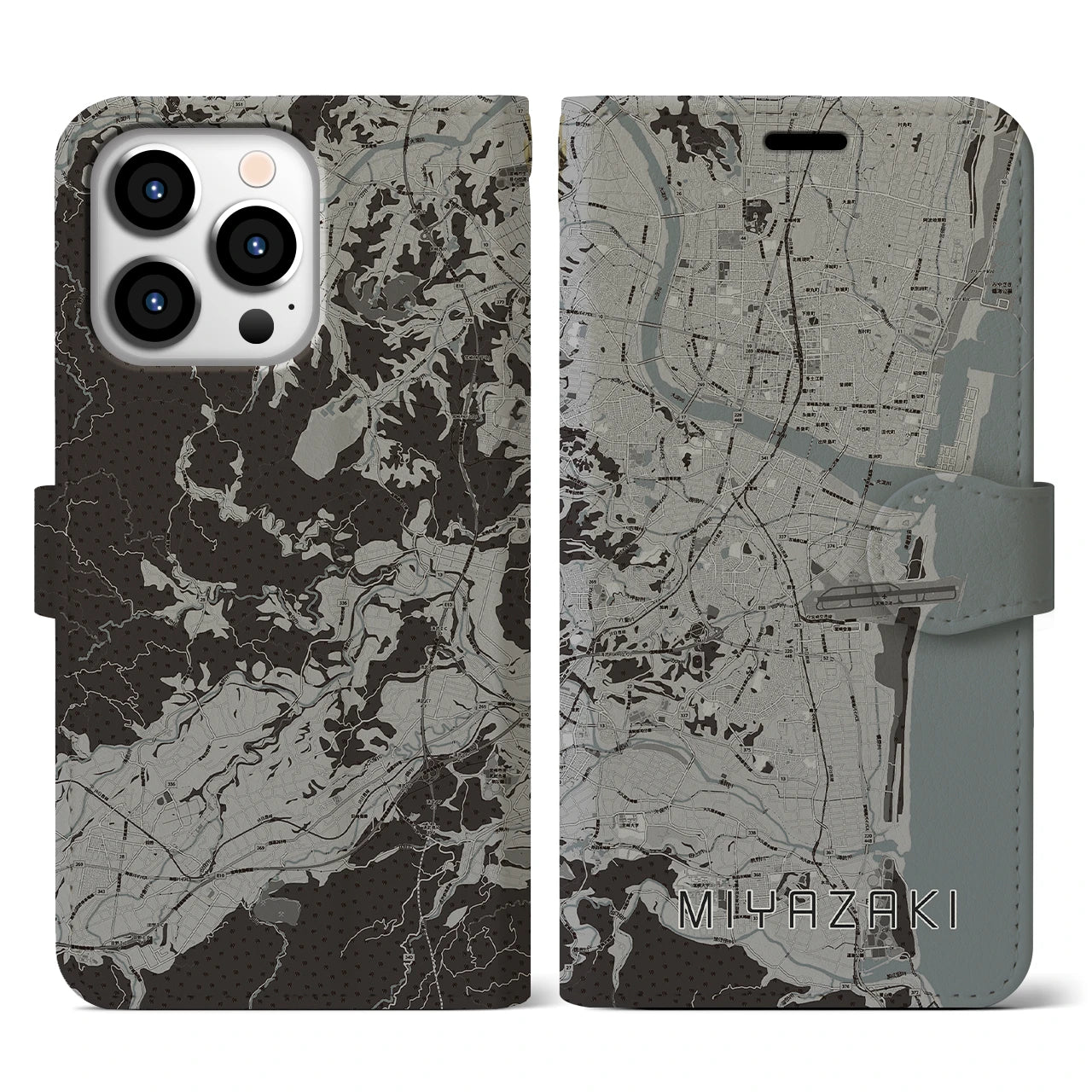 【宮崎(宮崎県)】地図柄iPhoneケース(手帳タイプ)モノトーン・iPhone 13 Pro 用