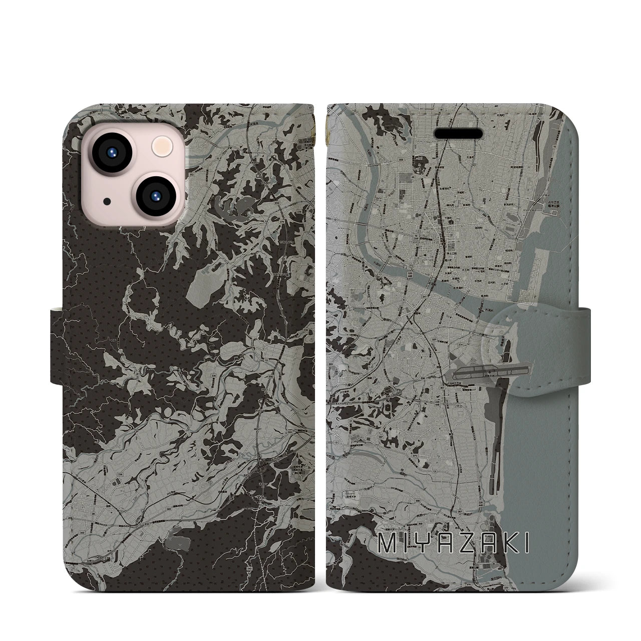【宮崎(宮崎県)】地図柄iPhoneケース(手帳タイプ)モノトーン・iPhone 13 mini 用