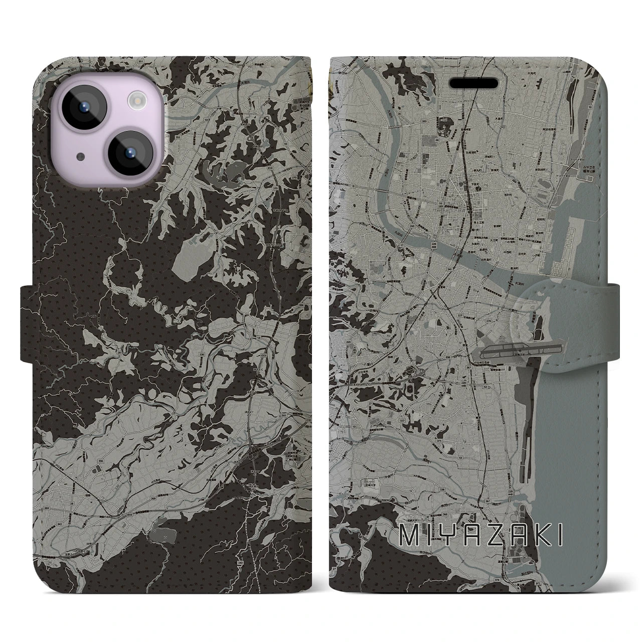 【宮崎(宮崎県)】地図柄iPhoneケース(手帳タイプ)モノトーン・iPhone 14 用