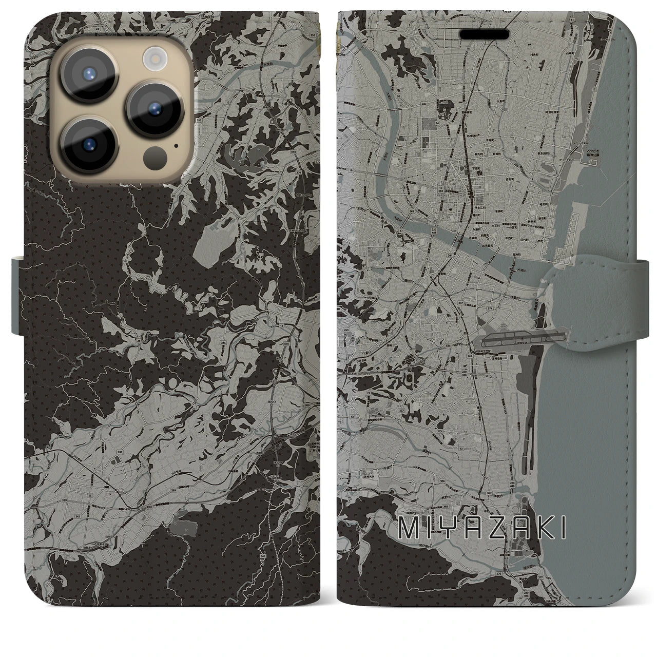 【宮崎(宮崎県)】地図柄iPhoneケース(手帳タイプ)モノトーン・iPhone 14 Pro Max 用