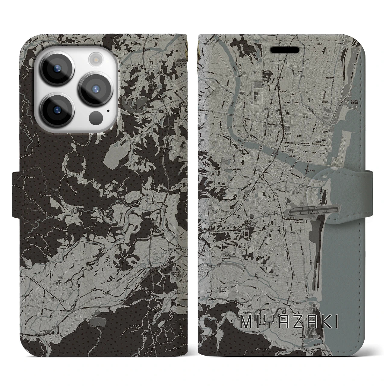 【宮崎(宮崎県)】地図柄iPhoneケース(手帳タイプ)モノトーン・iPhone 14 Pro 用