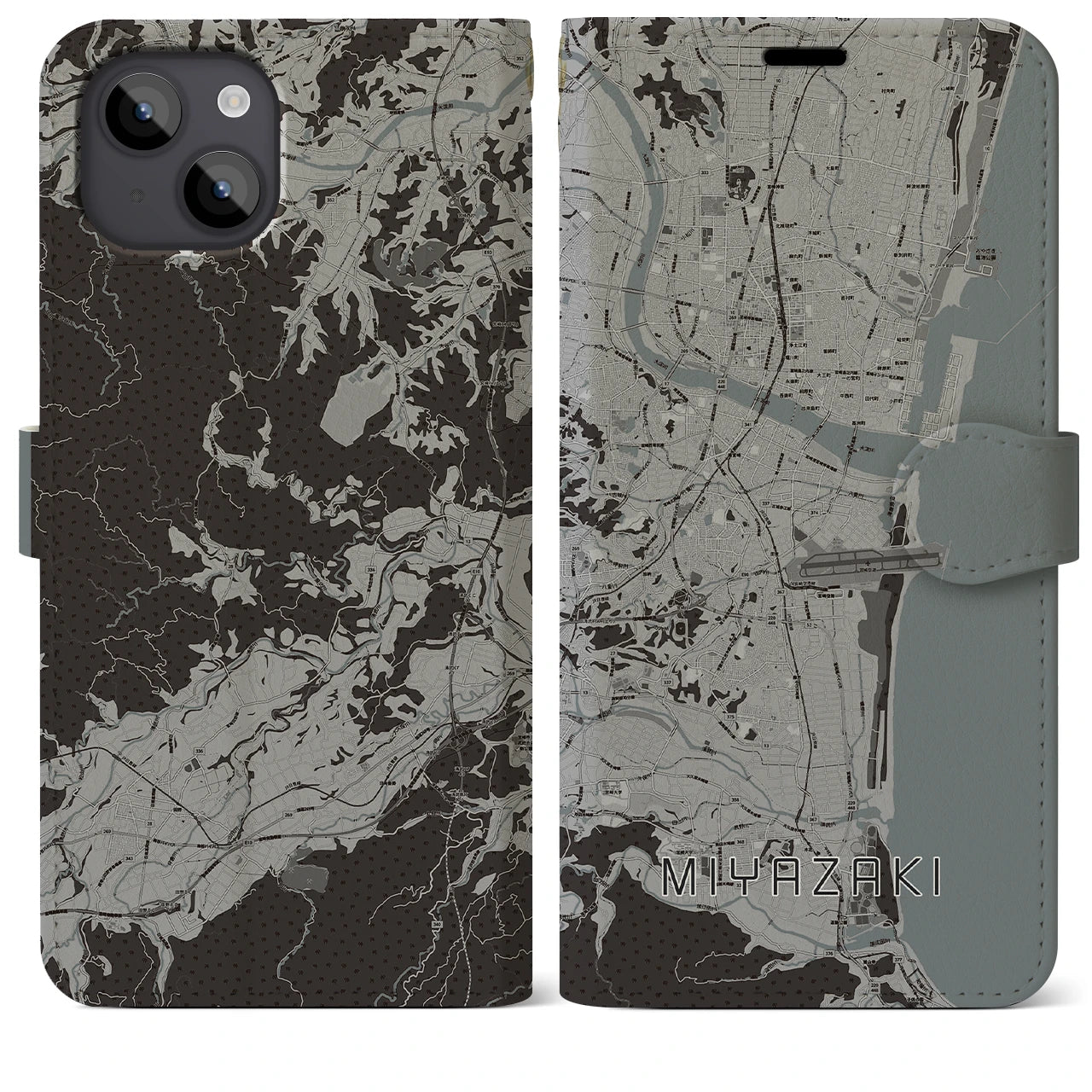 【宮崎(宮崎県)】地図柄iPhoneケース(手帳タイプ)モノトーン・iPhone 14 Plus 用