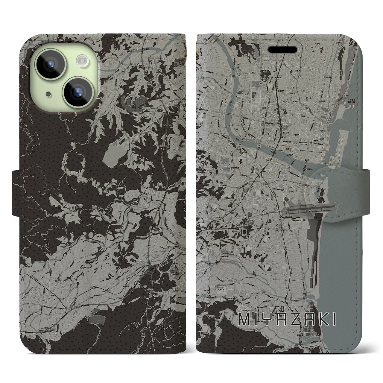 【宮崎(宮崎県)】地図柄iPhoneケース(手帳タイプ)モノトーン・iPhone 15 用