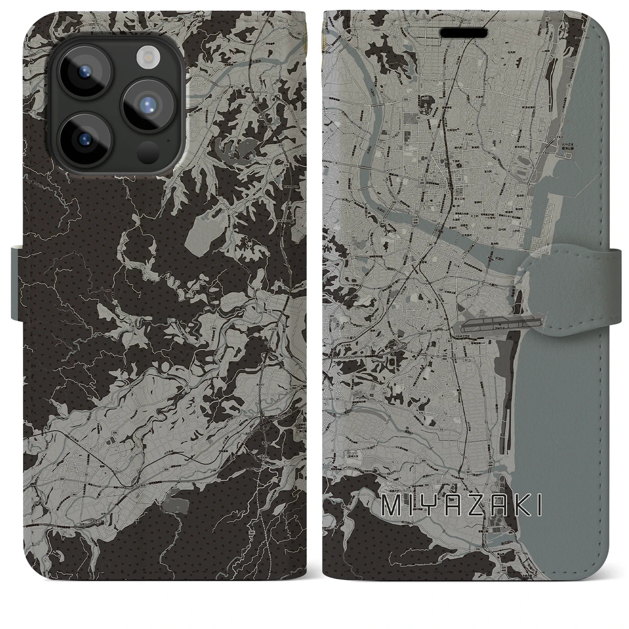 【宮崎(宮崎県)】地図柄iPhoneケース(手帳タイプ)モノトーン・iPhone 15 Pro Max 用