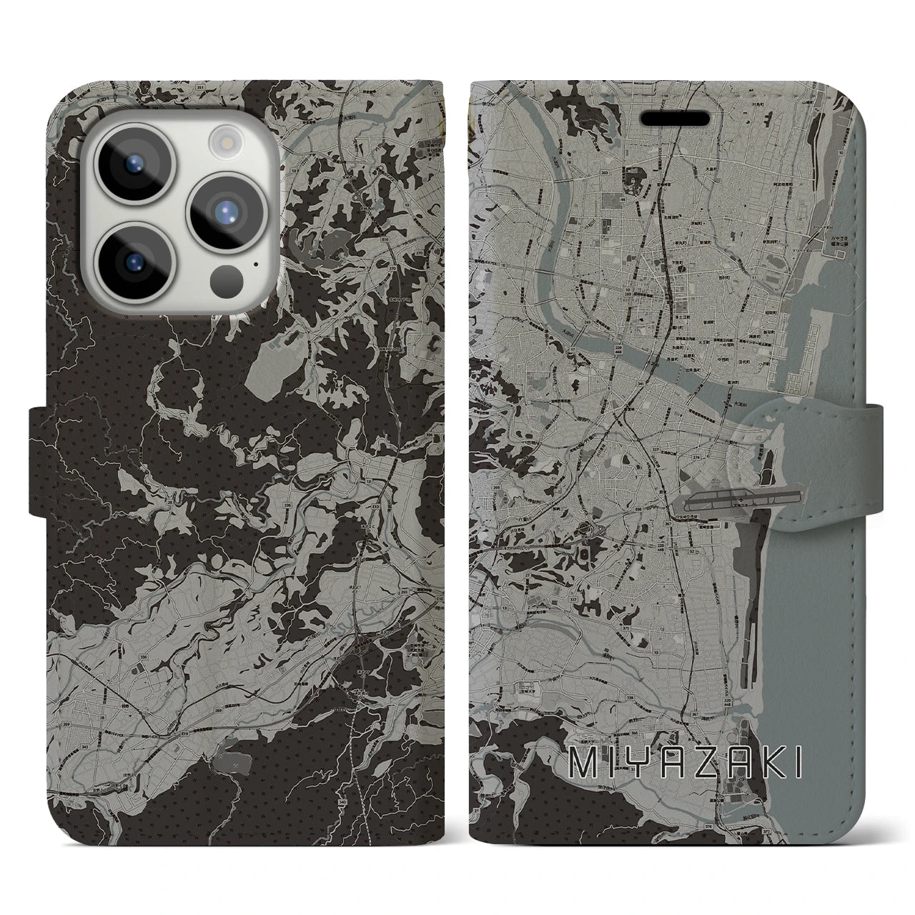 【宮崎(宮崎県)】地図柄iPhoneケース(手帳タイプ)モノトーン・iPhone 15 Pro 用