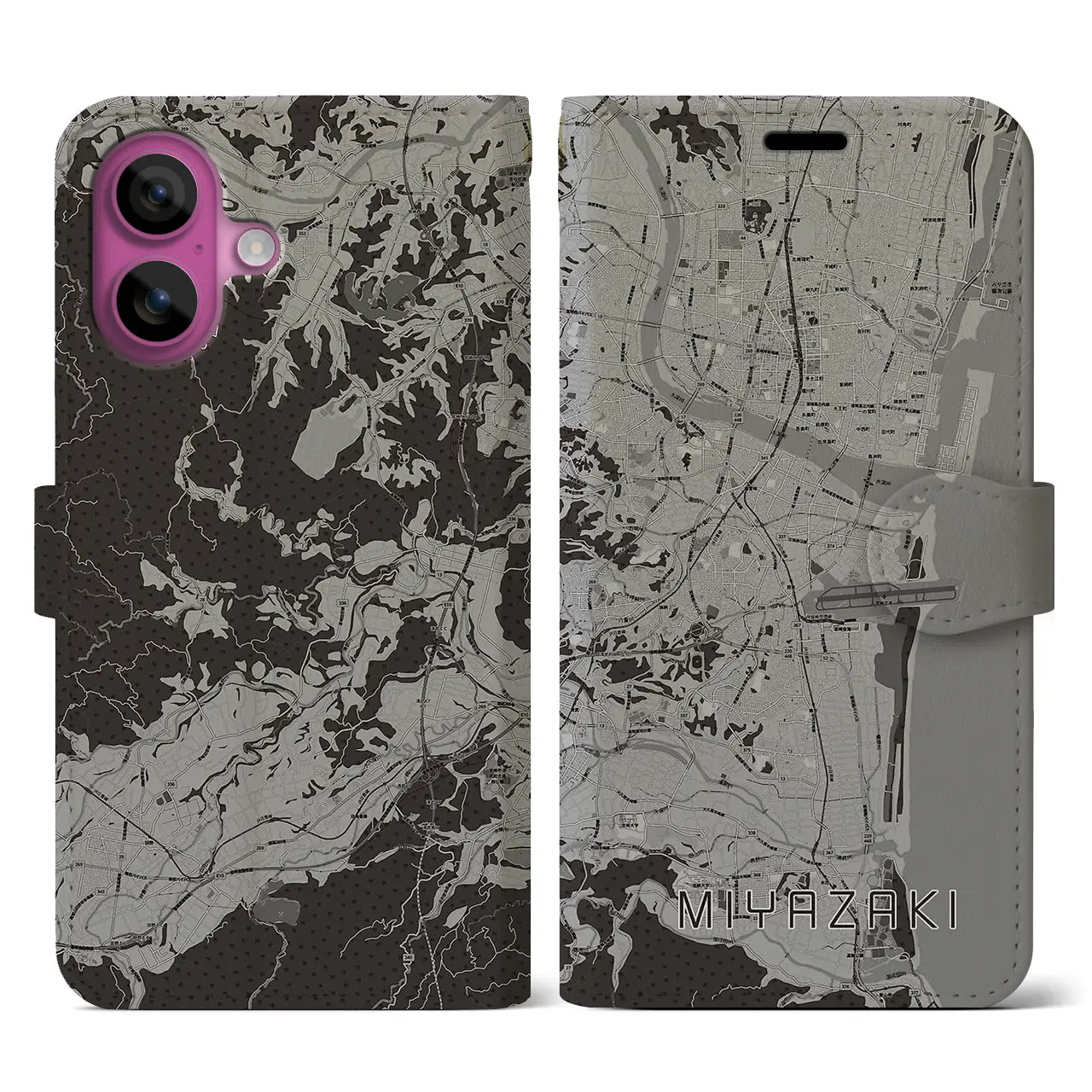 【宮崎(宮崎県)】地図柄iPhoneケース(手帳タイプ)モノトーン・iPhone 16 Pro 用