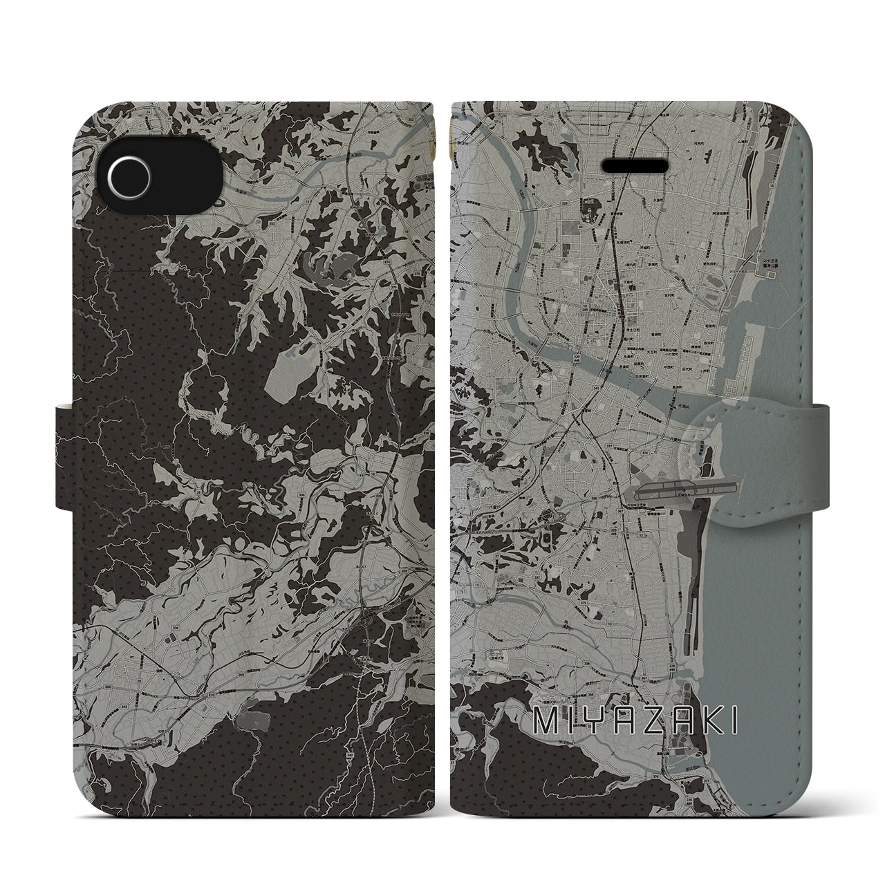 【宮崎(宮崎県)】地図柄iPhoneケース(手帳タイプ)モノトーン・iPhone SE(第3 / 第2世代) / 8 / 7 / 6s / 6 用