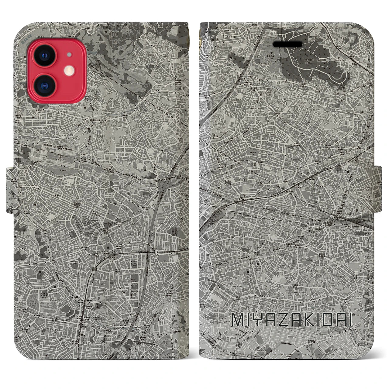 【宮崎台(神奈川県)】地図柄iPhoneケース(手帳タイプ)モノトーン・iPhone 11 用