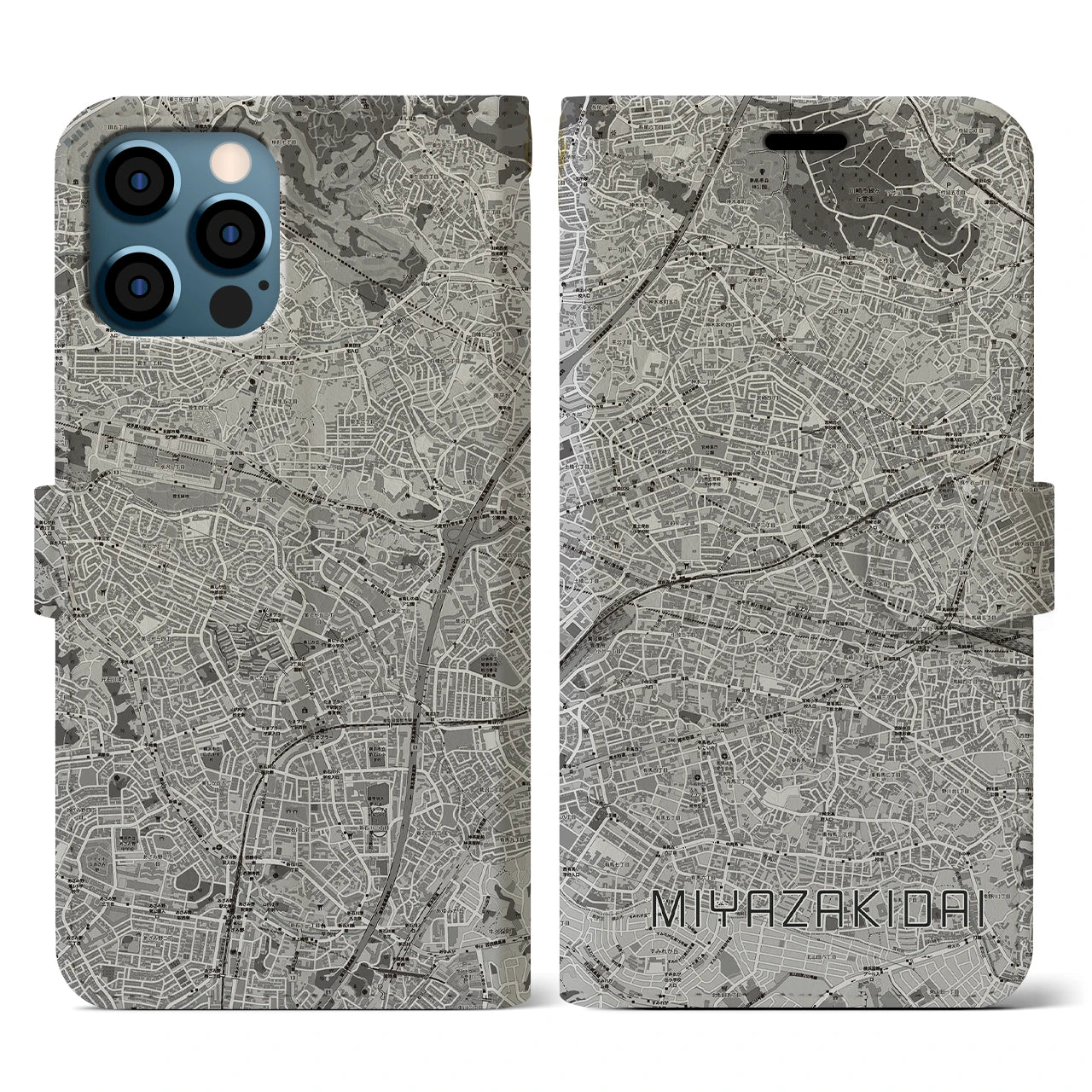 【宮崎台(神奈川県)】地図柄iPhoneケース(手帳タイプ)モノトーン・iPhone 12 / 12 Pro 用