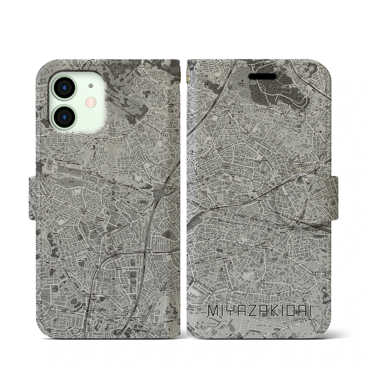 【宮崎台(神奈川県)】地図柄iPhoneケース(手帳タイプ)モノトーン・iPhone 12 mini 用