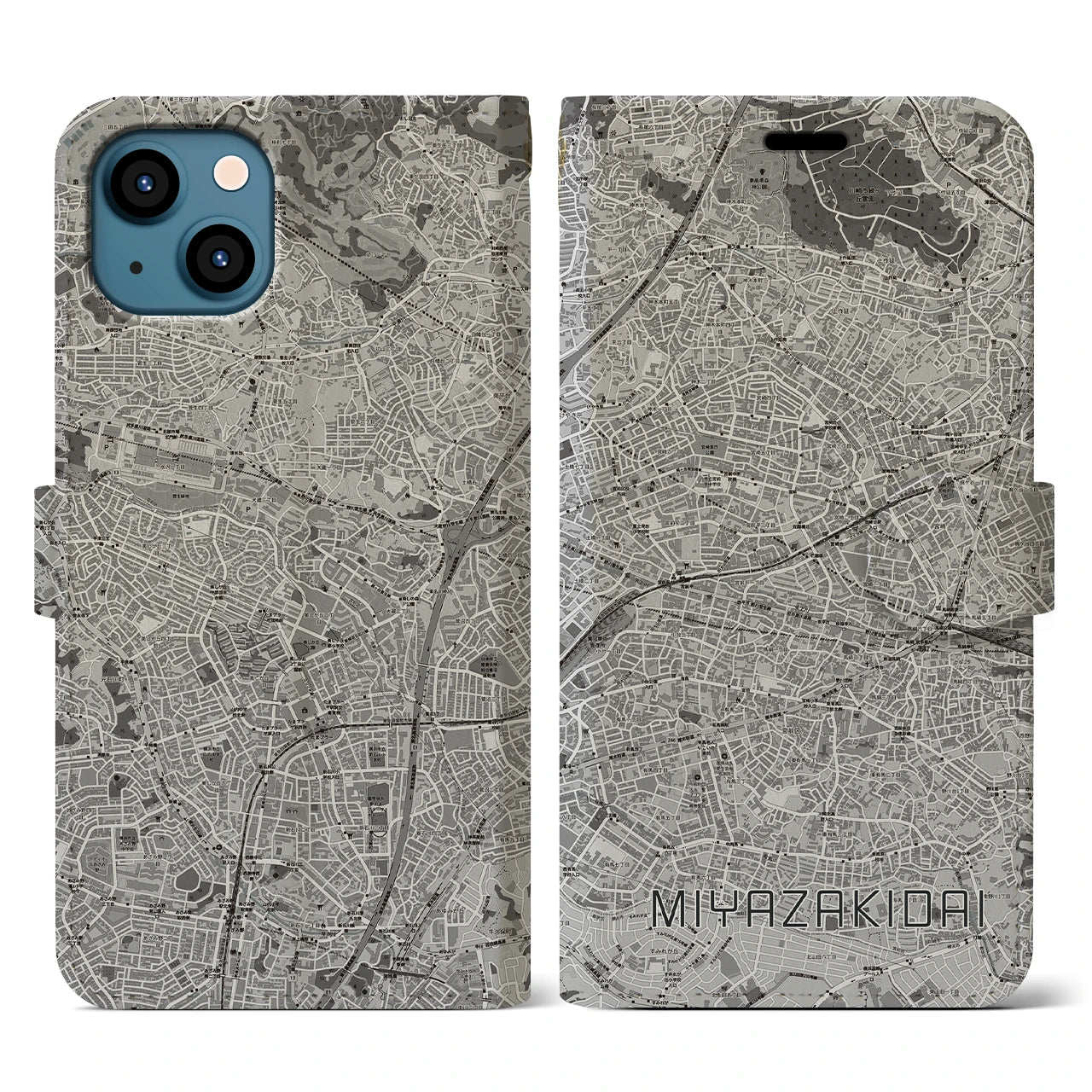 【宮崎台(神奈川県)】地図柄iPhoneケース(手帳タイプ)モノトーン・iPhone 13 用