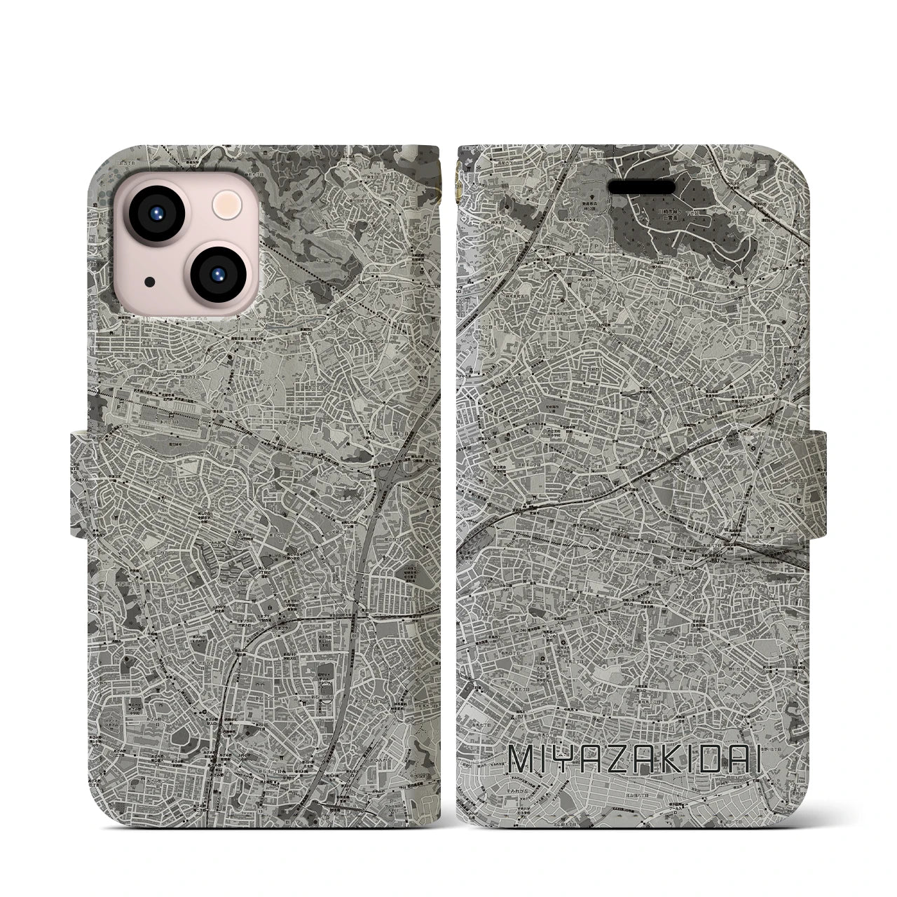 【宮崎台(神奈川県)】地図柄iPhoneケース(手帳タイプ)モノトーン・iPhone 13 mini 用
