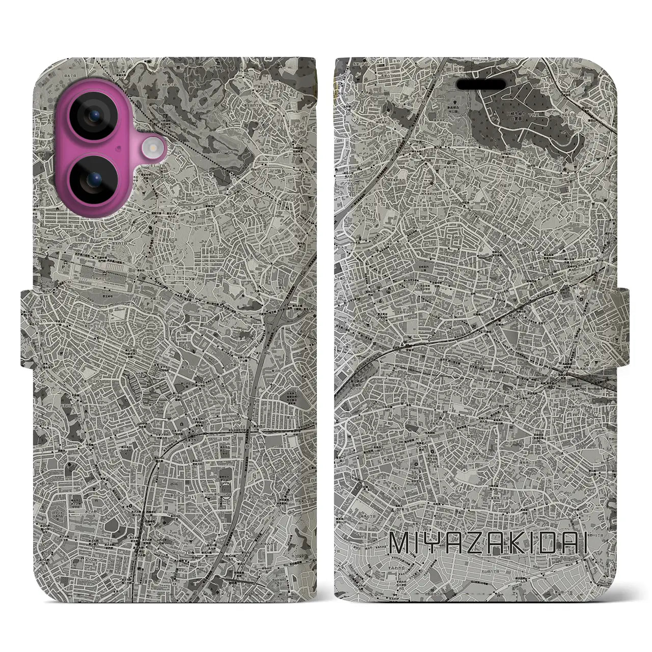 【宮崎台(神奈川県)】地図柄iPhoneケース(手帳タイプ)モノトーン・iPhone 16 Pro 用