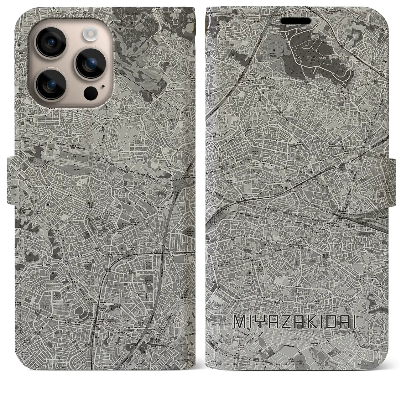 【宮崎台(神奈川県)】地図柄iPhoneケース(手帳タイプ)モノトーン・iPhone 16 Plus 用