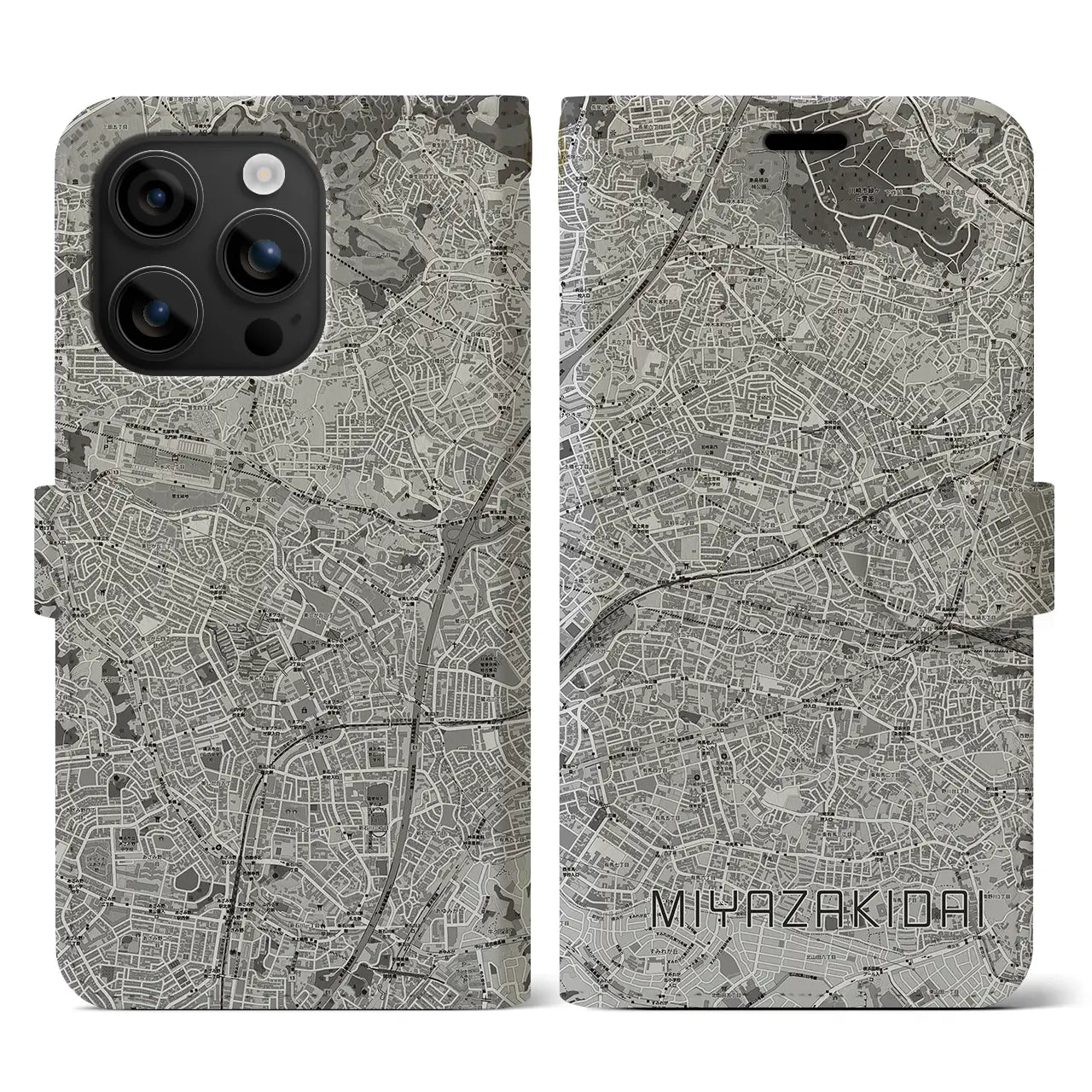 【宮崎台(神奈川県)】地図柄iPhoneケース(手帳タイプ)モノトーン・iPhone 16 用