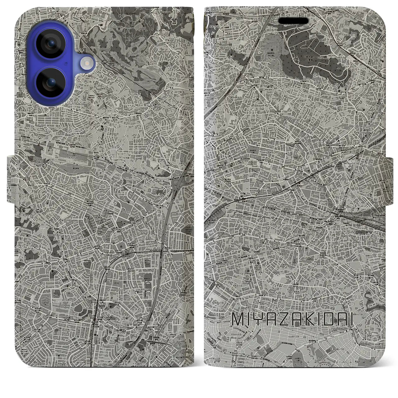 【宮崎台(神奈川県)】地図柄iPhoneケース(手帳タイプ)モノトーン・iPhone 16 Pro Max 用