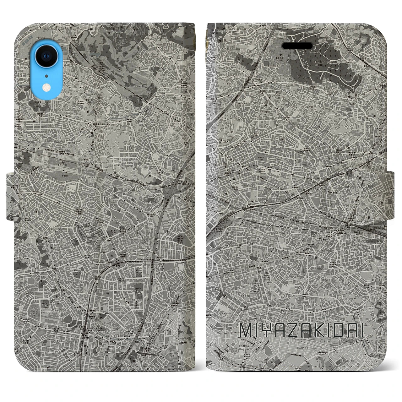 【宮崎台(神奈川県)】地図柄iPhoneケース(手帳タイプ)モノトーン・iPhone XR 用