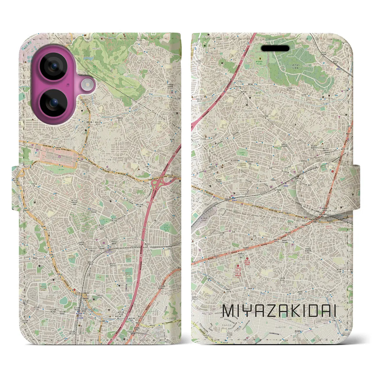 【宮崎台(神奈川県)】地図柄iPhoneケース(手帳タイプ)ナチュラル・iPhone 16 Pro 用