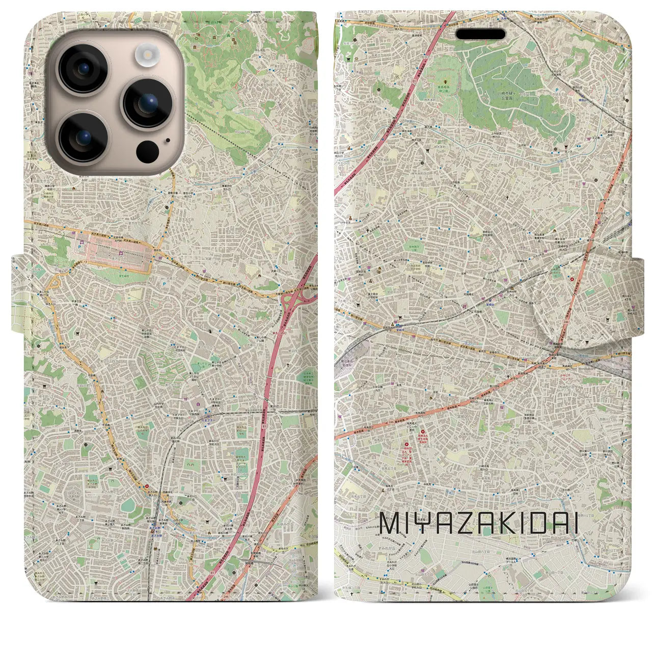 【宮崎台(神奈川県)】地図柄iPhoneケース(手帳タイプ)ナチュラル・iPhone 16 Plus 用