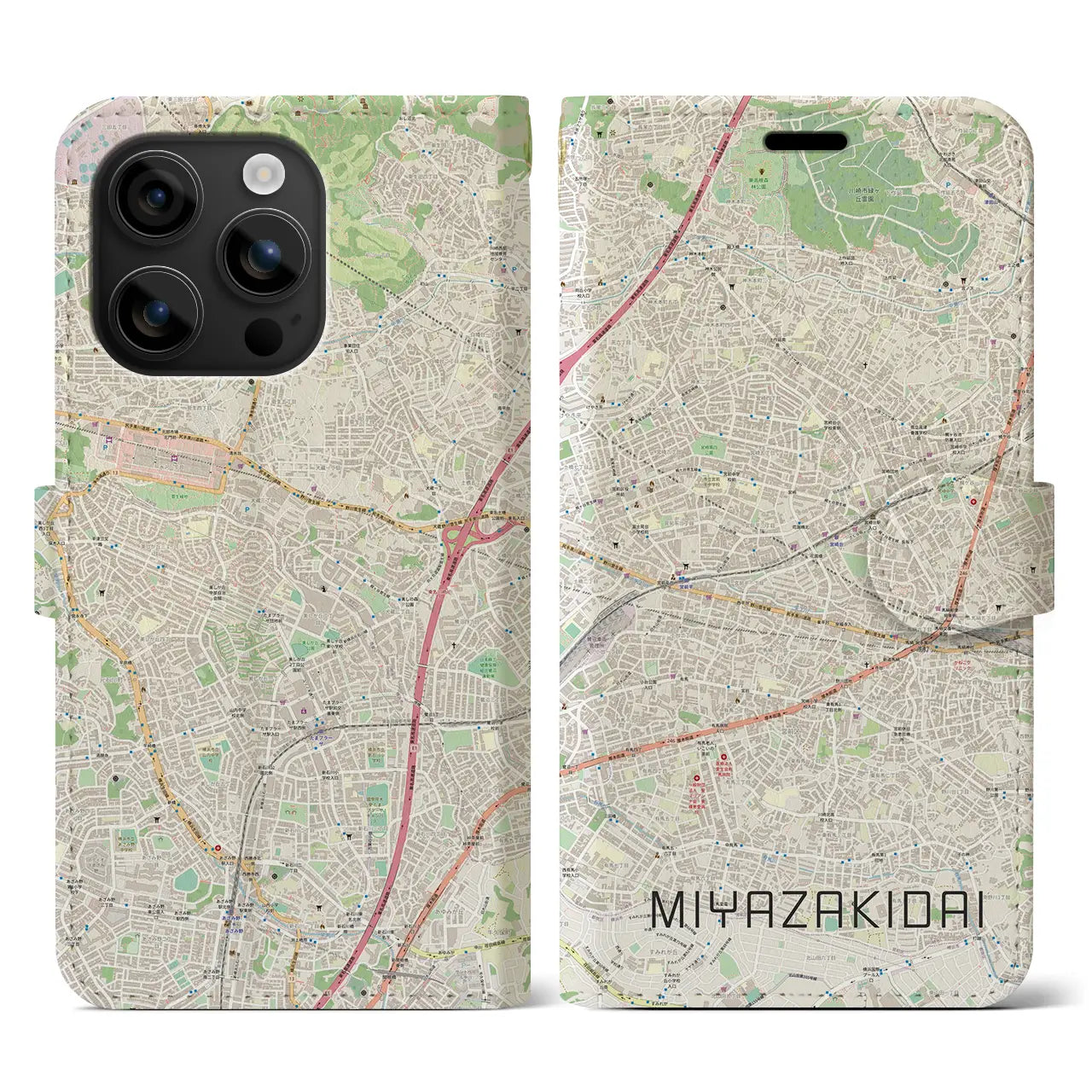【宮崎台(神奈川県)】地図柄iPhoneケース(手帳タイプ)ナチュラル・iPhone 16 用
