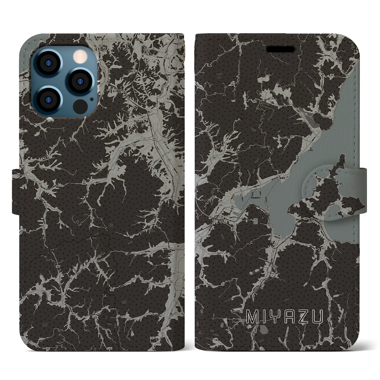 【宮津(京都府)】地図柄iPhoneケース(手帳タイプ)モノトーン・iPhone 12 / 12 Pro 用