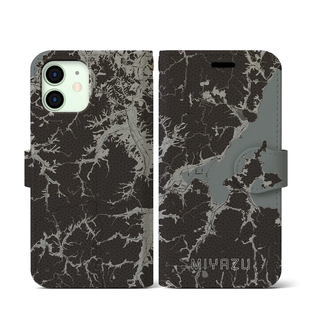 【宮津(京都府)】地図柄iPhoneケース(手帳タイプ)モノトーン・iPhone 12 mini 用