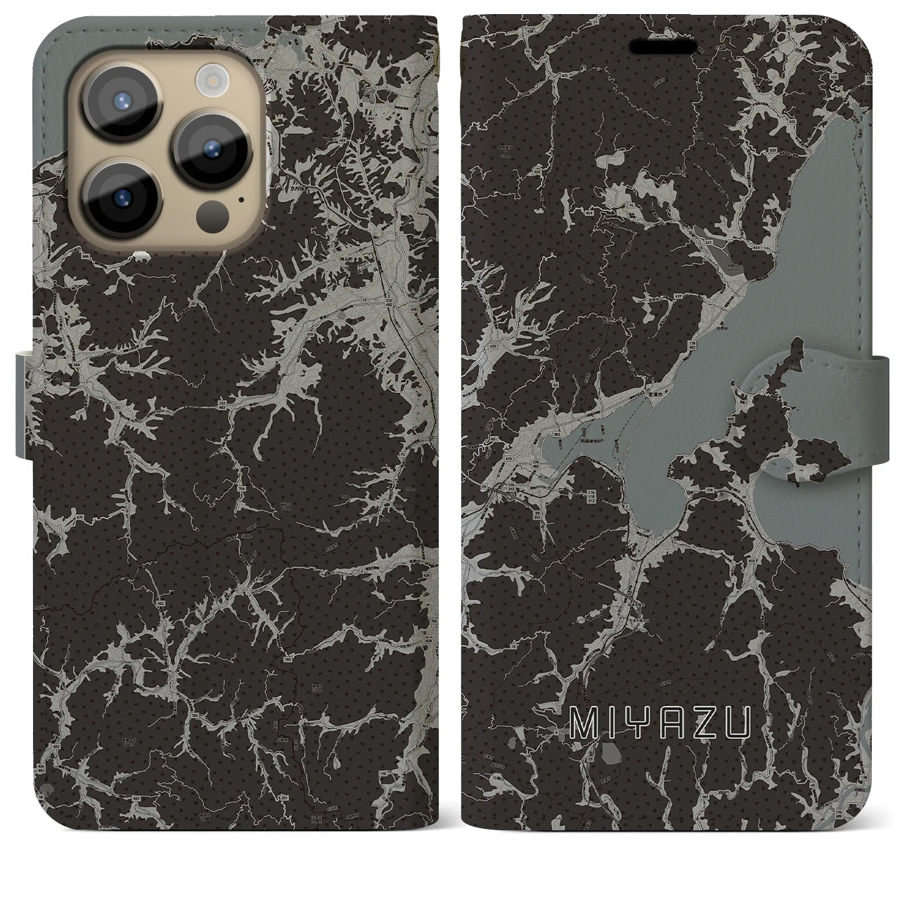 【宮津(京都府)】地図柄iPhoneケース(手帳タイプ)モノトーン・iPhone 14 Pro Max 用