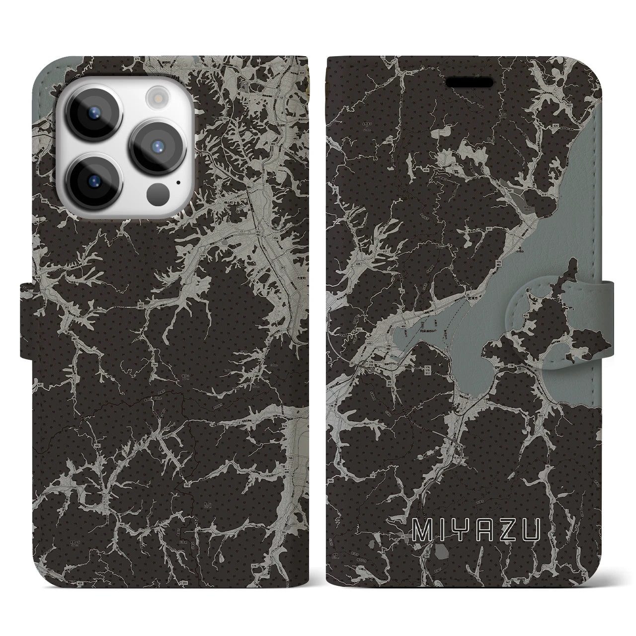 【宮津(京都府)】地図柄iPhoneケース(手帳タイプ)モノトーン・iPhone 14 Pro 用