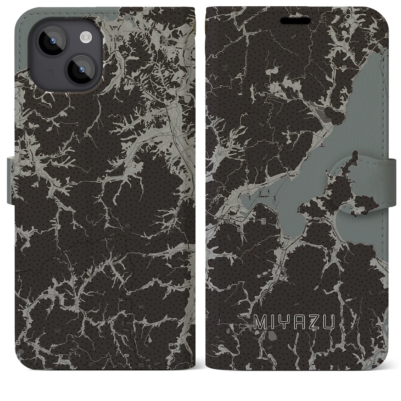 【宮津(京都府)】地図柄iPhoneケース(手帳タイプ)モノトーン・iPhone 14 Plus 用