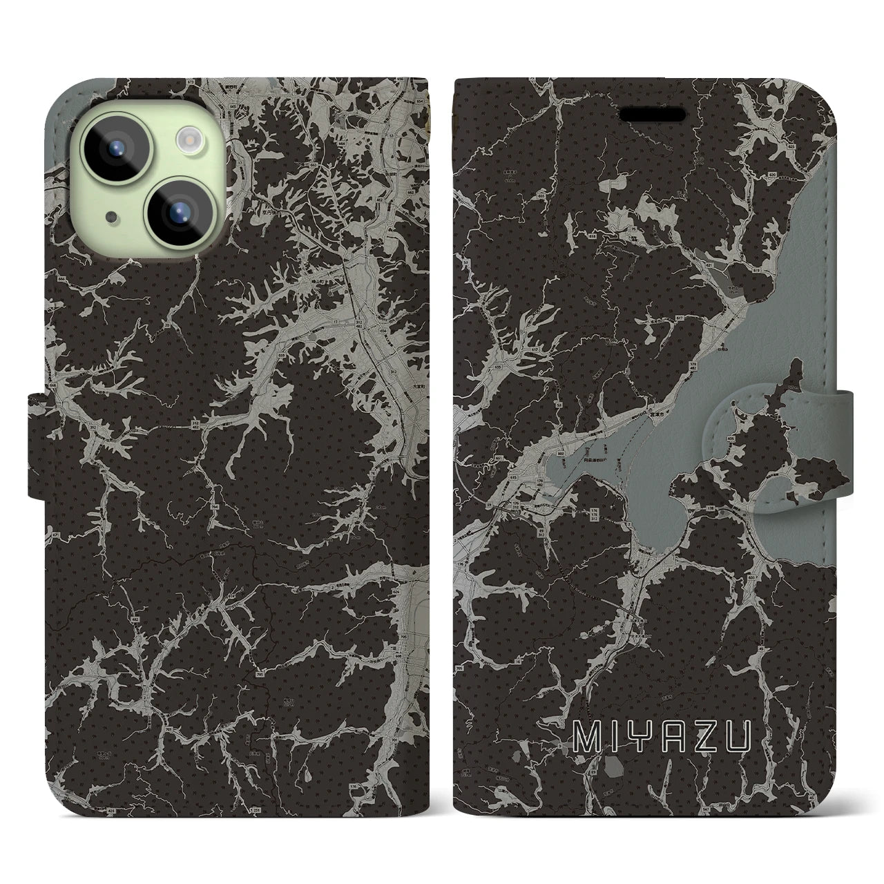 【宮津(京都府)】地図柄iPhoneケース(手帳タイプ)モノトーン・iPhone 15 用