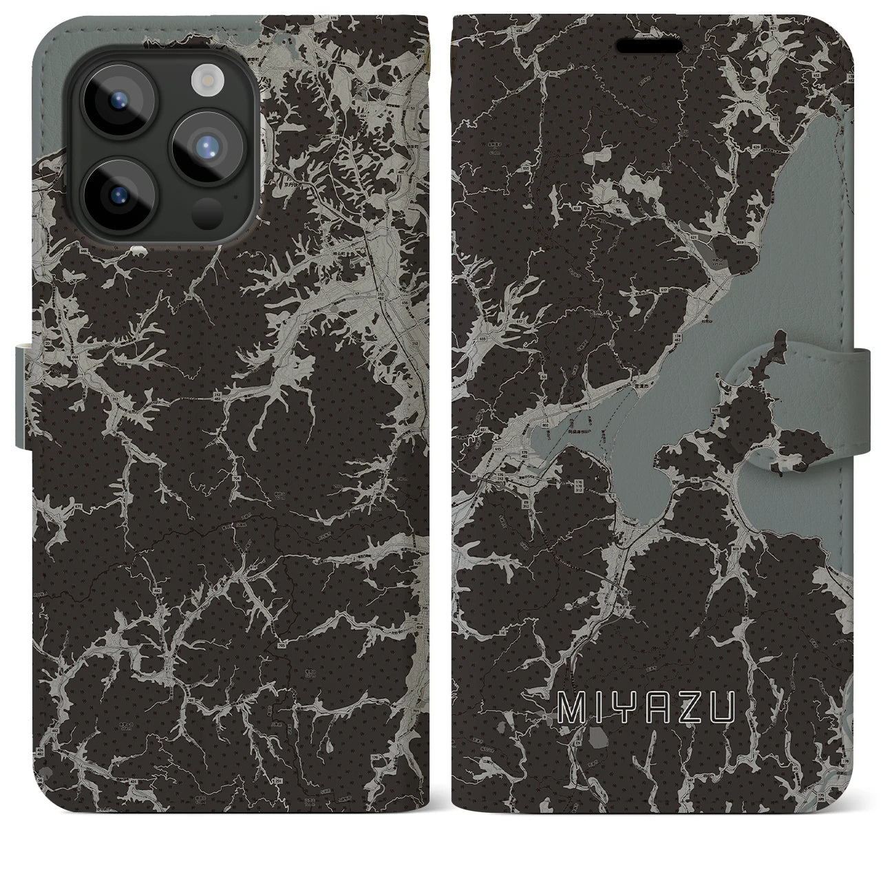 【宮津(京都府)】地図柄iPhoneケース(手帳タイプ)モノトーン・iPhone 15 Pro Max 用