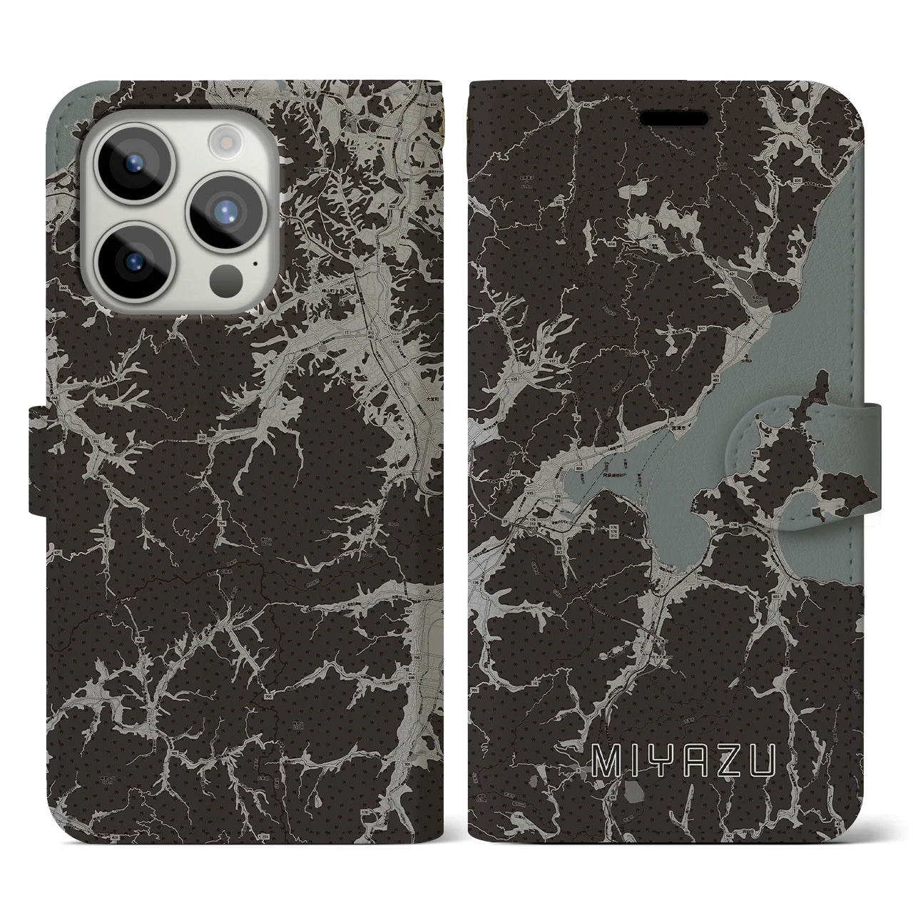 【宮津(京都府)】地図柄iPhoneケース(手帳タイプ)モノトーン・iPhone 15 Pro 用